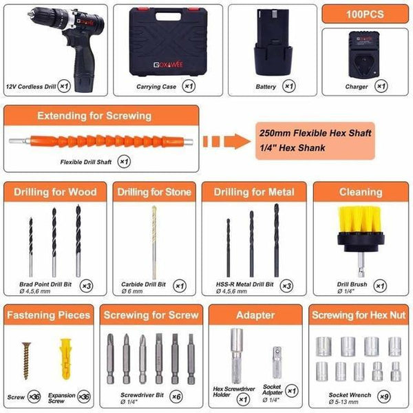 GOXAWEE 21V/12V Electric Screwdriver Cordless Electric Mini Drill Lithium-Ion Battery Operated Rechargeable Power Tools 2-Speed