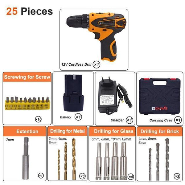 GOXAWEE 21V/12V Electric Screwdriver Cordless Electric Mini Drill Lithium-Ion Battery Operated Rechargeable Power Tools 2-Speed