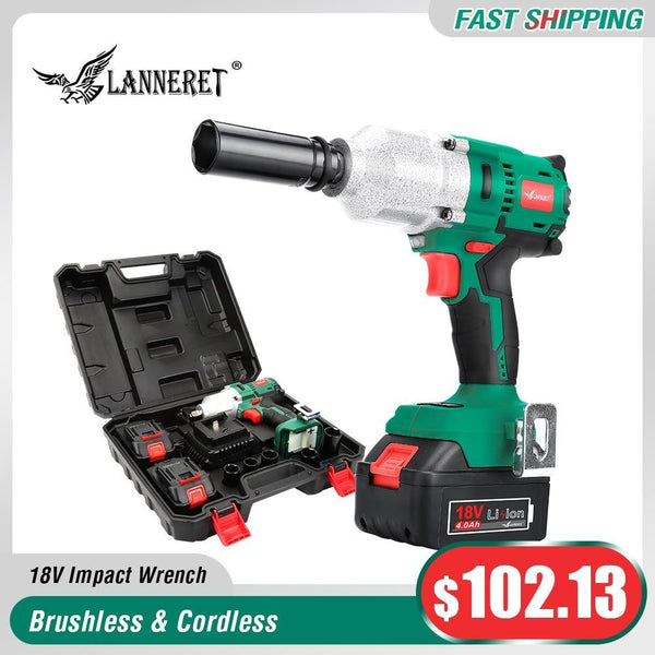 LANNERET 18V Brushless Cordless Impact Electric Wrench 300-600N.m Torque Household Car/SUV Wheel 1/2