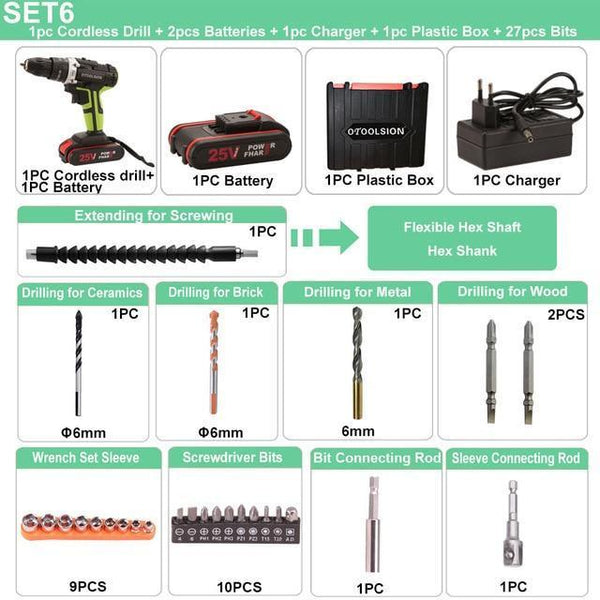 25V 48N.m Impact Battery Drill Cordless Screwdriver Power Tools Impact Electric Screwdriver Electric Impact Drills+27 Pcs Parts