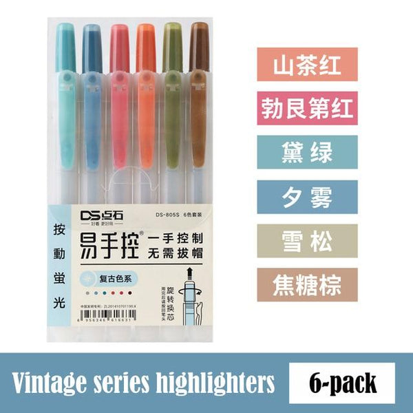 6Pcs/set Retractable Highlighters Refillable Pastel Highlighter Pen Fluorescence Markers for Journaling School Office Supplies
