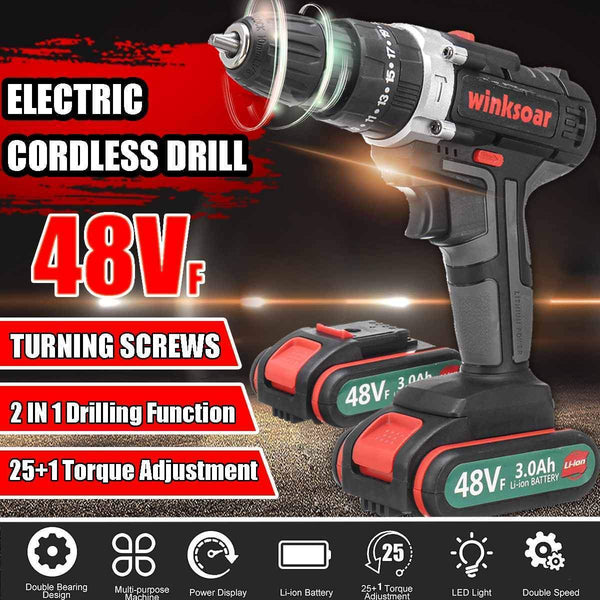 48VF 2-Speed Cordless Electric Screwdriver Impact Drill 25+1 Torque Rechargeable LI-ION Battery Electric Drill Power Tools