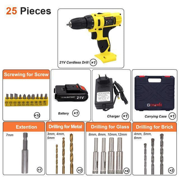 GOXAWEE 21V/12V Electric Screwdriver Cordless Electric Mini Drill Lithium-Ion Battery Operated Rechargeable Power Tools 2-Speed