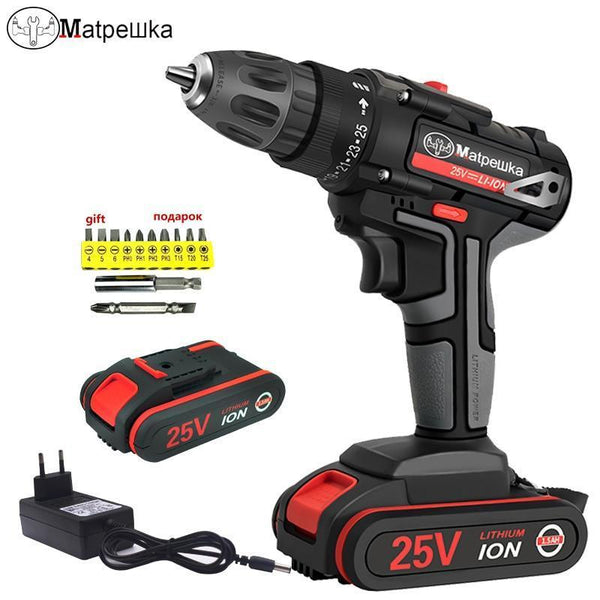 25V Cordless Screwdriver Cordless Screwdriver Power Tools Handheld Drill Lithium Battery Charging Drill 2 Battery + Gift
