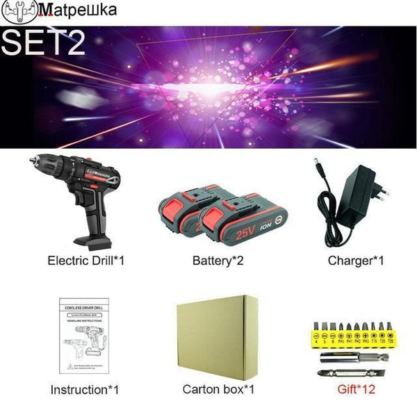 25V Cordless Screwdriver Cordless Screwdriver Power Tools Handheld Drill Lithium Battery Charging Drill 2 Battery + Gift
