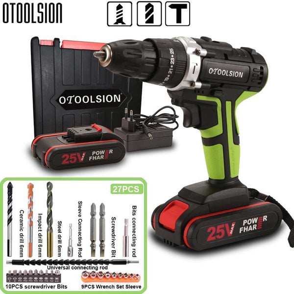 25V 48N.m Impact Battery Drill Cordless Screwdriver Power Tools Impact Electric Screwdriver Electric Impact Drills+27 Pcs Parts