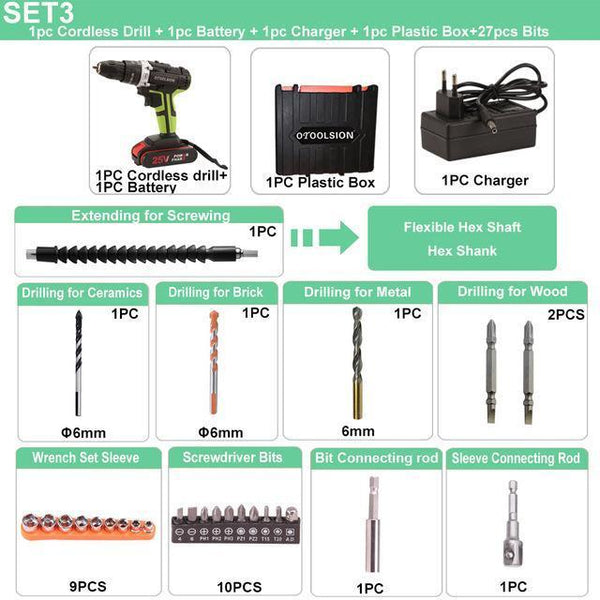 25V 48N.m Impact Battery Drill Cordless Screwdriver Power Tools Impact Electric Screwdriver Electric Impact Drills+27 Pcs Parts