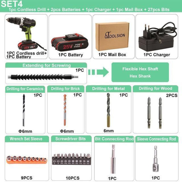 25V 48N.m Impact Battery Drill Cordless Screwdriver Power Tools Impact Electric Screwdriver Electric Impact Drills+27 Pcs Parts
