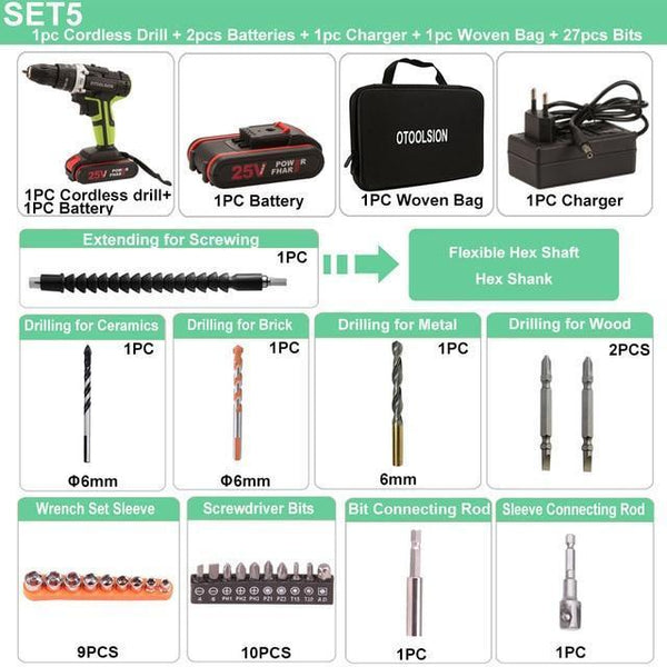 25V 48N.m Impact Battery Drill Cordless Screwdriver Power Tools Impact Electric Screwdriver Electric Impact Drills+27 Pcs Parts