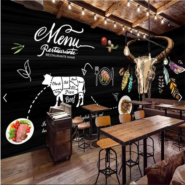 Custom Mural Wallpaper 3D Black Hand Painted Steak Western Restaurant Background Wall Papers Interior Decor Papel De Parede 3D